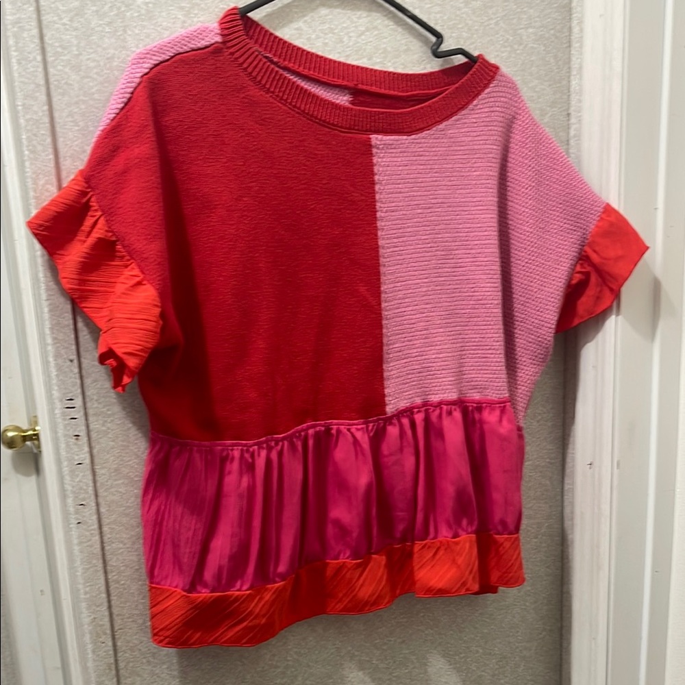 SHEIN Red and Pink Colorblock Blouse